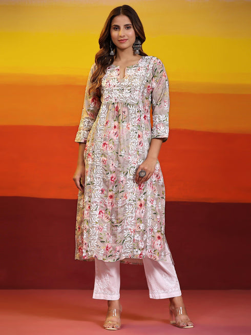 Urmi in Fizaa Chikankari Long Kurta in Muslin Cotton for Women- Grey Print